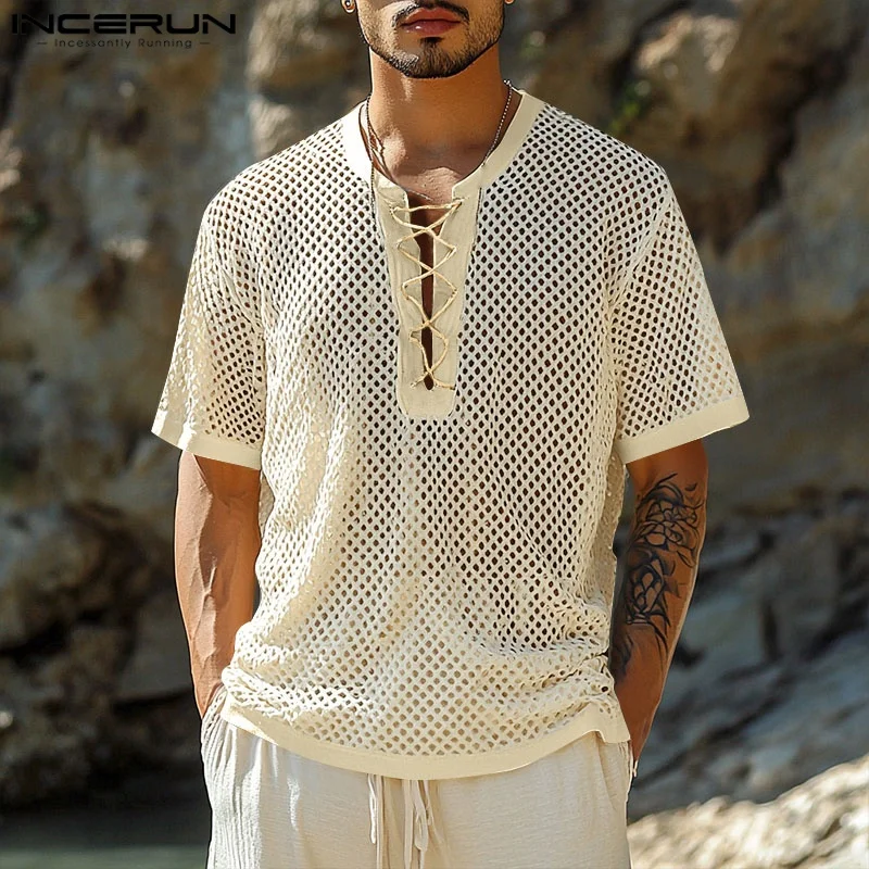 

Mesh Men T-Shirts Fashion Hollow Out Tops Short Sleeve Top Tee Solid Color Lace-up Men's Clothing Streetwear Oversize INCERUN