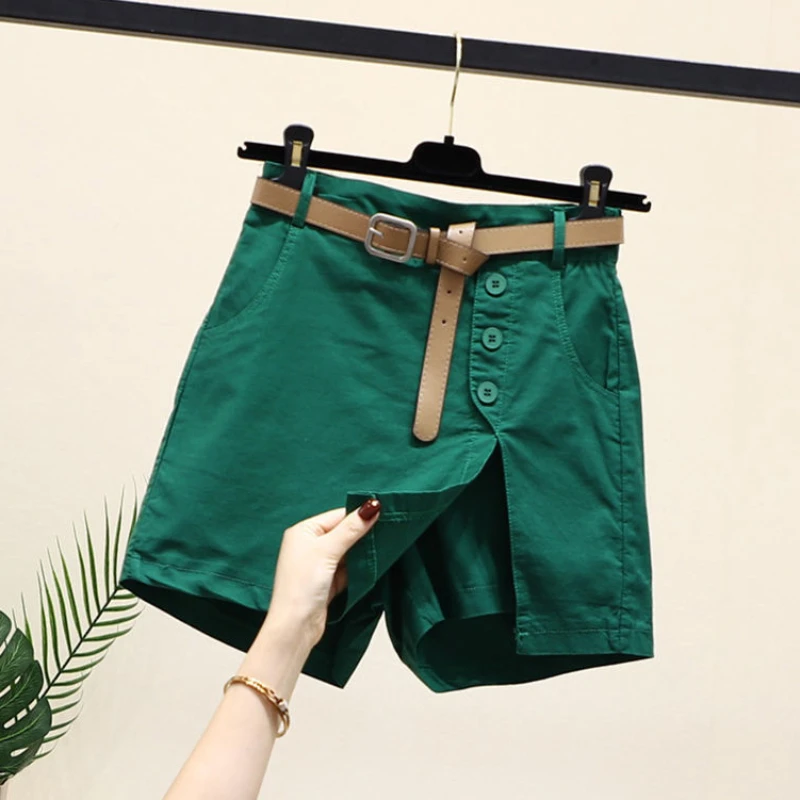 Cotton Casual Shorts Women Solid Color Summer All-match Korean Fashion A-line Trousers Elastic Waist Belts Side-slit Buttons