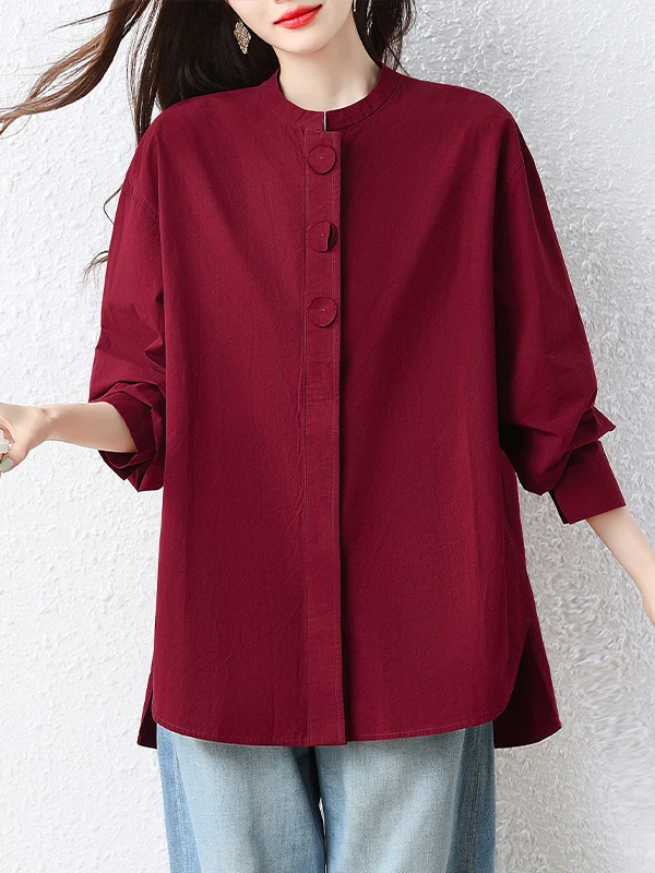 Retro Wine Red Stand Collar Shirt Women's Large Button Decoration Loose Shoulder Version Not Picky about Figure Versatile Atm...