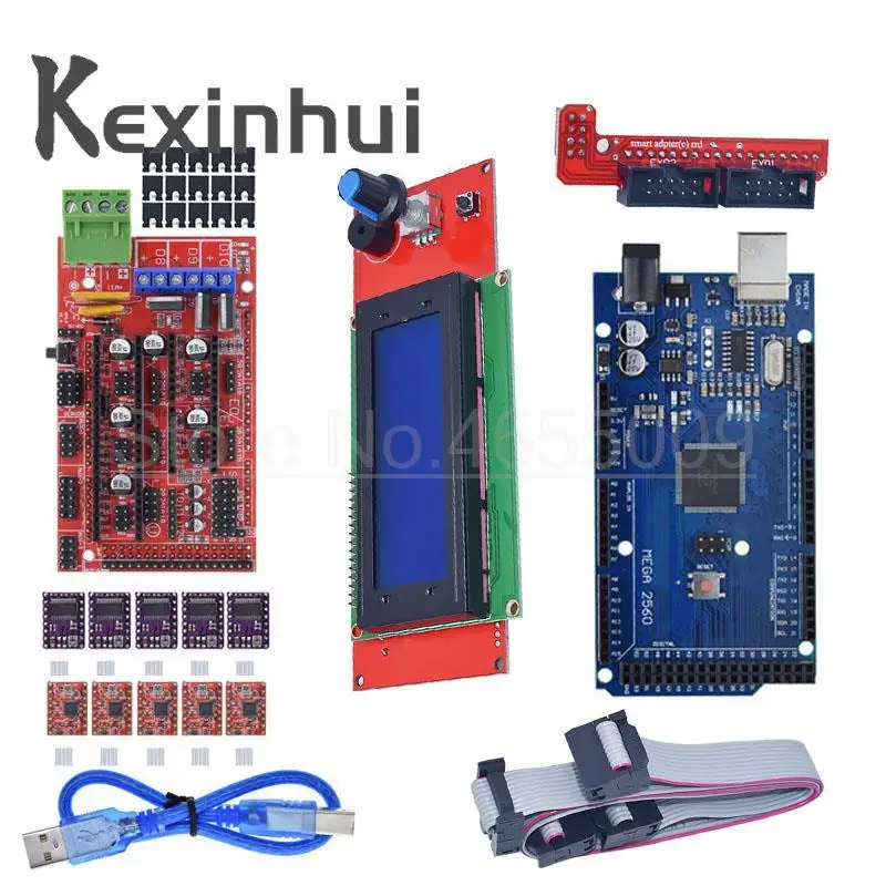 Mega 2560 R3 CH340+1pcs RAMPS 1.4 Controller+5pcs A4988/DRV8825 Stepper Driver Module+1pcs 3D 2004 controller for 3D Printer kit