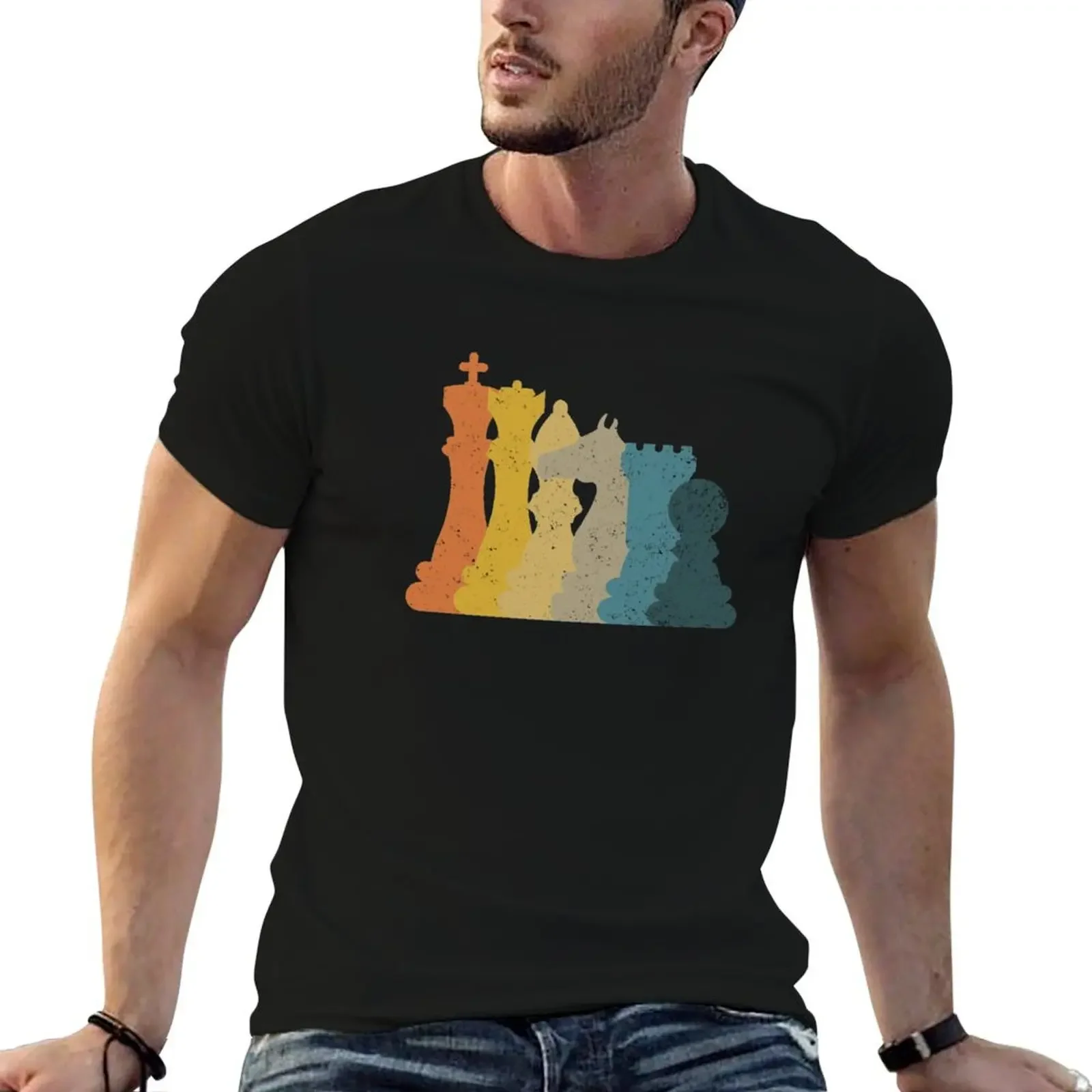 

Retro Chess Pieces Chess Player Game Rook Knight King Queen Gear T-Shirt man clothes Aesthetic clothing black t-shirts for men
