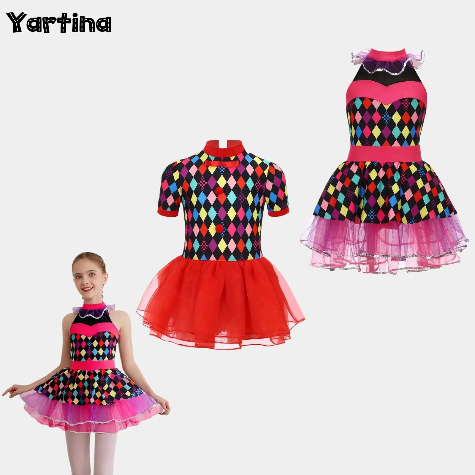 

Цирковой клоун Джокер Шут для девочек, карнавальный костюм на Хэллоуин, пышная сетчатая юбка с лямкой на шее, трусы с пуговицами в промежности, платье