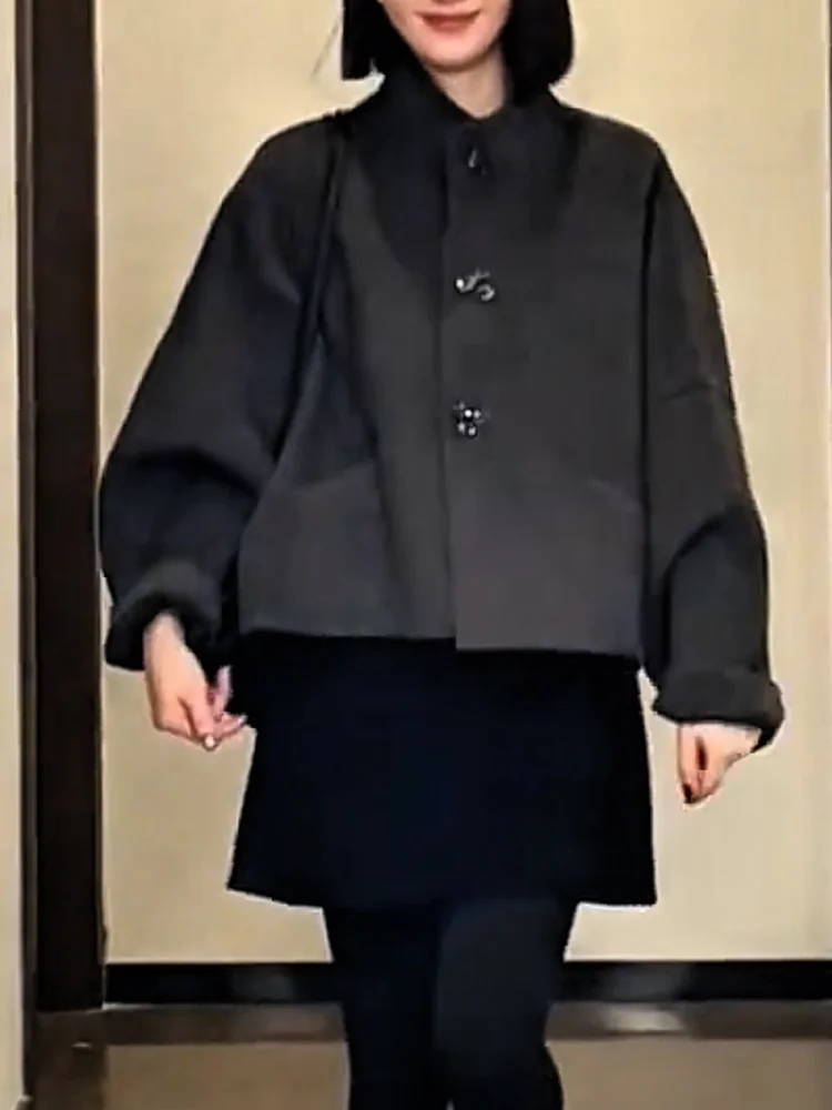 

Korean Sle Stand Collar Woolen Coat Autumn Winter New Arrival plus Size Ele Versatile Slimming Top for Women