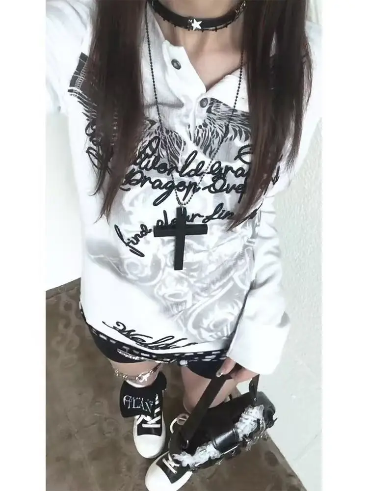 

Американская винтажная футболка с круглым вырезом и длинными рукавами, женская осенне-зимняя готическая одежда Y2k, базовая рубашка в стиле Wasteland, тонкий топ для субкультуры