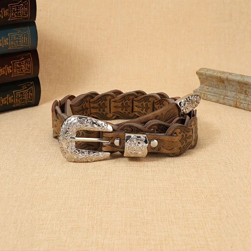 American Western Cowboy Style Engraved Pin Buckle Women's Belt, Embossed Woven Patchwork Vintage Pu Leather Belt, Black and Brown Unisex Couple's Belt, American Retro Distressed Versatile Decorative Waist Belt