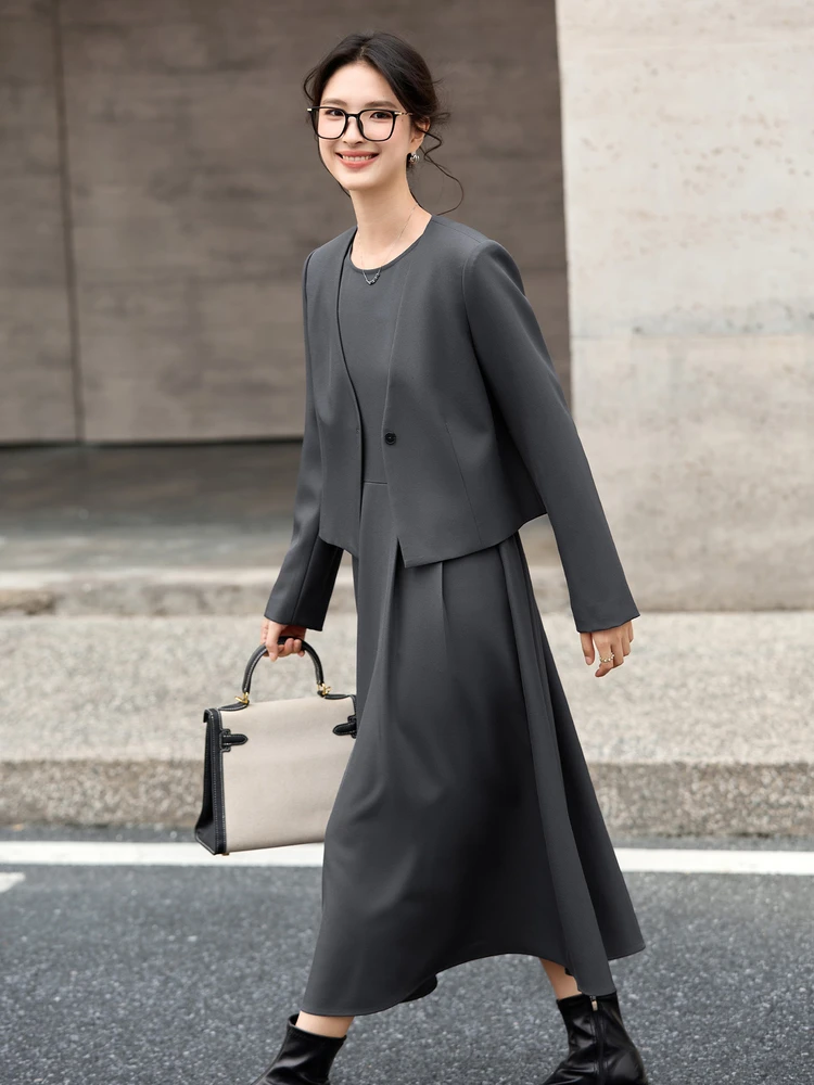 Vimly feminino outono duas peças vestido conjunto usar para trabalhar cinza em torno do pescoço sem mangas vestido longo com decote em v casacos curtos vestido conjunto a3031