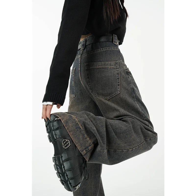 Winter Vintage Dark Blue High Waist Women Jeans American Fashion Streetwear Wide Leg Denim Trouser Straight Baggy Denim Pants