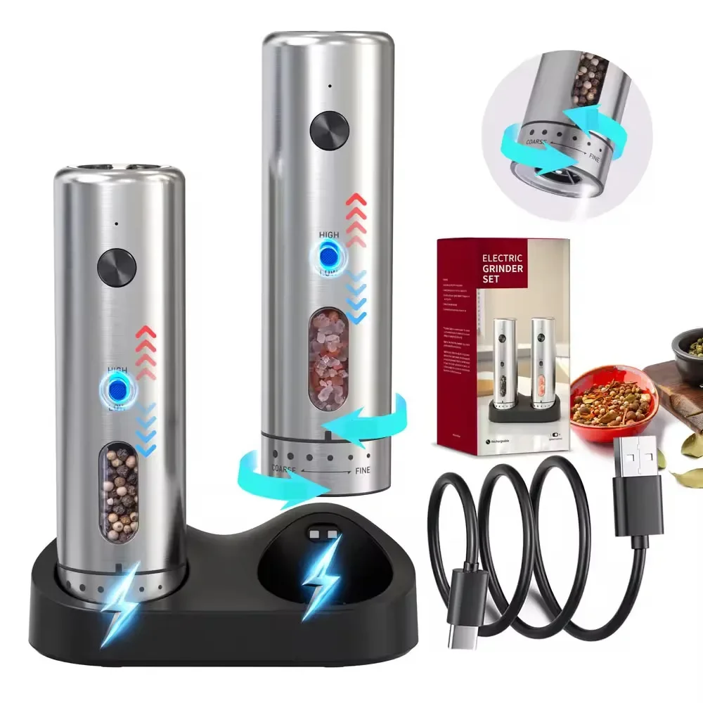 2Pcs Electric Salt and Pepper Grinder Set Stainless Steel Spice Salt Mills Rechargeable Pepper Grinders Speed External Adjustmen