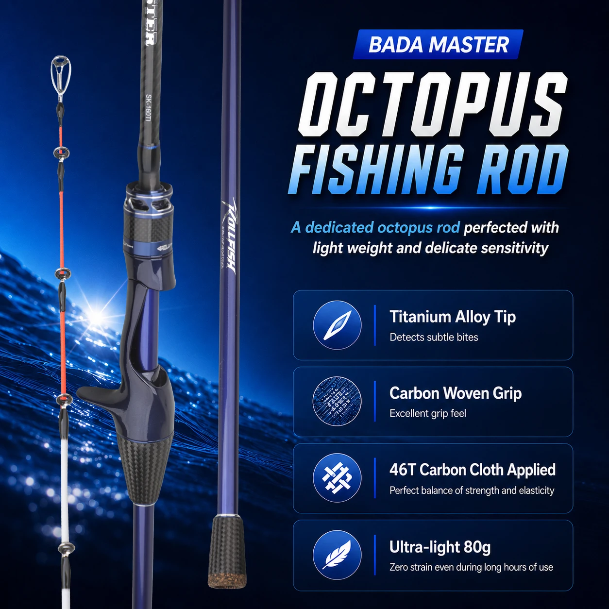 ROLLFISH 1,6m Tintenfisch-Jiggingrute, Ultraleichte 80g Titan-Spitze 46T Kohlefaser Spinnrute für Bootsangeln – Detail 1