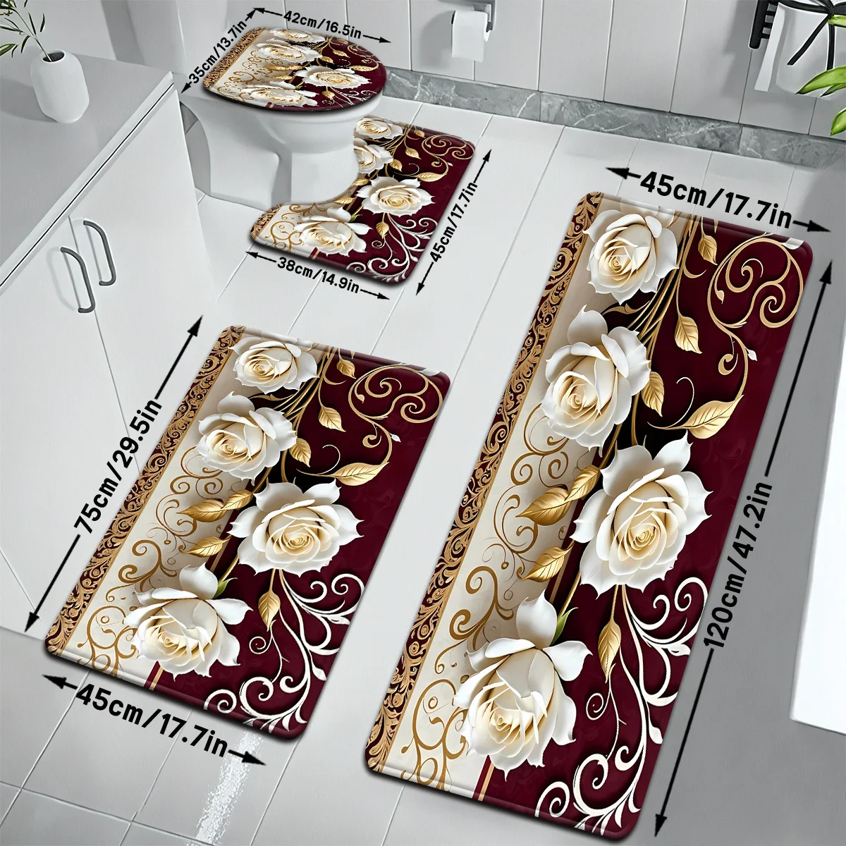 1pc Valentine'S Series Simple Art Rose Bouquet Pattern Bath Mat Set | Strong Absorbency, Includes U-Shaped Toilet Mat, Suitabl