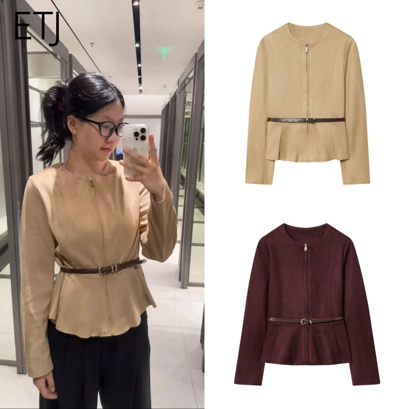 

ETJ 2025 Autumn/winter new collection women's round neck with belt anti suede long sleeve jacket commuting casual short coat