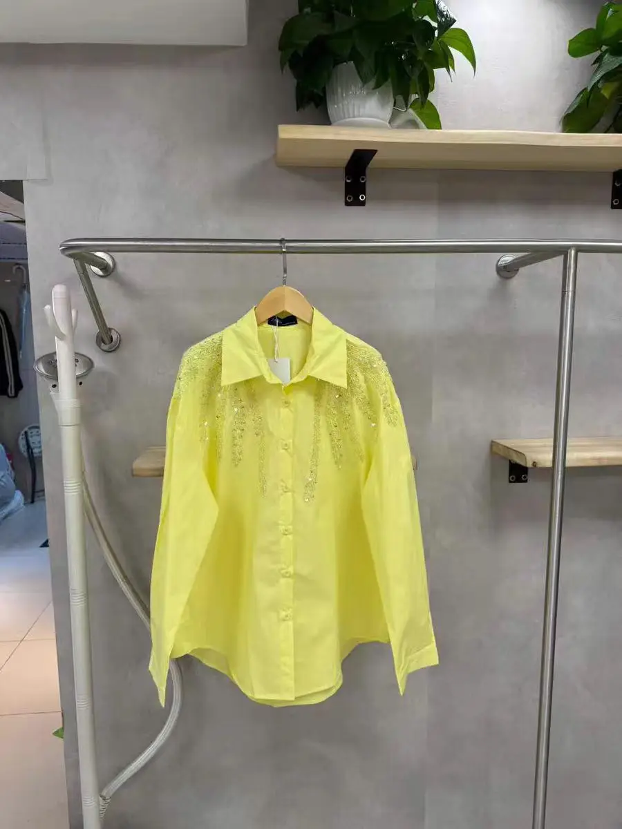 2026 ربيع خريف الاتجاه الجديد الترتر التطريز قمصان قطنية البلوزات للنساء كم طويل فضفاض بلايز عادية ملابس امرأة