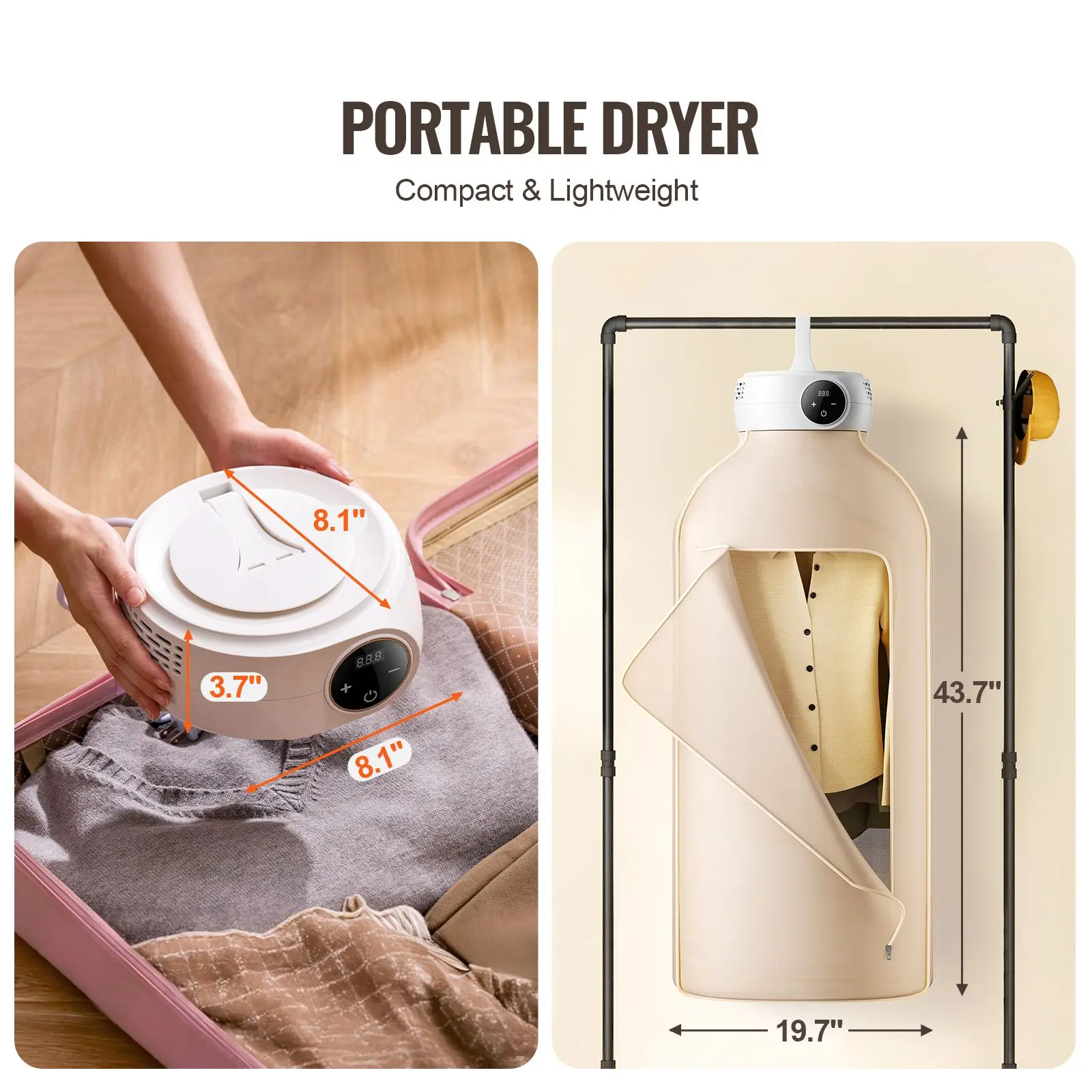 Portable Clothes Dryer, Clothes Dryer with Dryer Bag, PTC Heating & LED Display, Foldable Mini Dryer with 5-H Timer for
