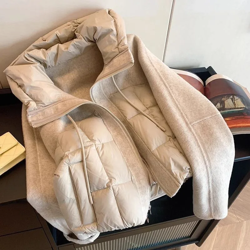 Women's Coat Autumn and Winter Design Fashion Splicing Drawstring Hooded Zippers Long Sleeves Tops Jacket Lady Commuter Coat