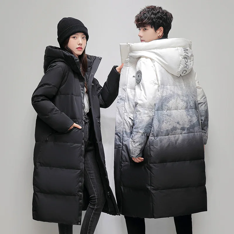 New Winter Men's Thickened Cold Protective Clothing Extended Same Earrings for Couple Overknee Thickened Gradient Hooded Jacket