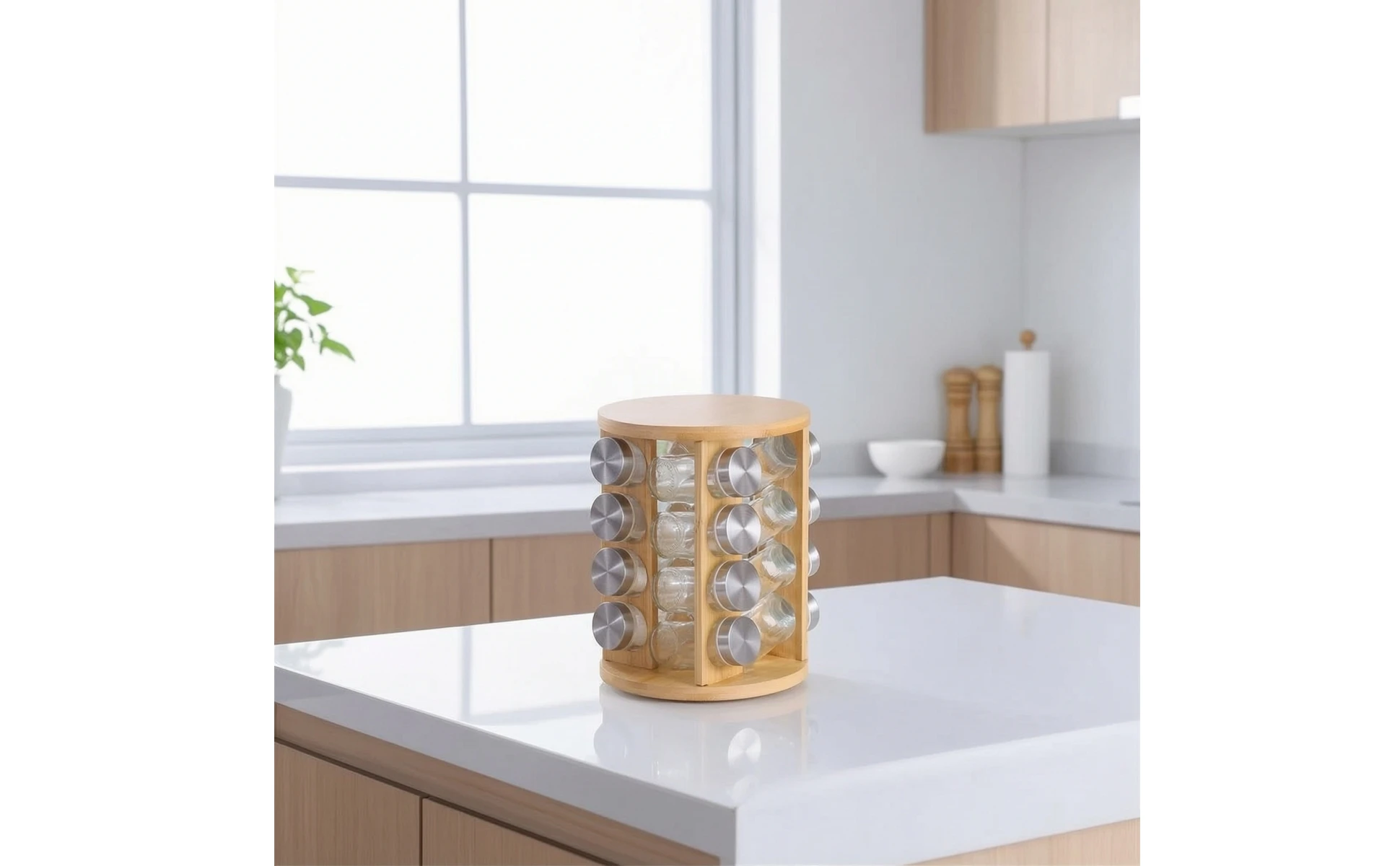 Bamboo Seasoning Rack with Glass Jars Countertop Seasoning Rack with Jars Seasoning Bottle Set Revolving Rotating for Cooks