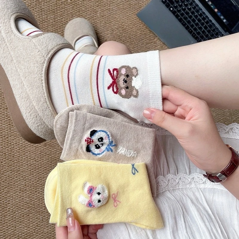 

Korean Fashion Striped Women Socks Cute Bear Punny Japanese Kawaii Medium Tube Socks Women Animals Cartoon Polka Dot Long Socks