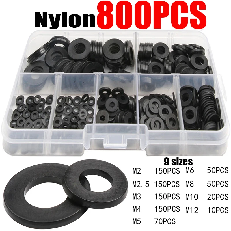 800pcs Nylon Washer Plastic Insulation Spacers Seals Gasket Ring KitBlack White Nylon Washers Set M2 M2.5 M3 M4 M5 M6 M8 M10 M12