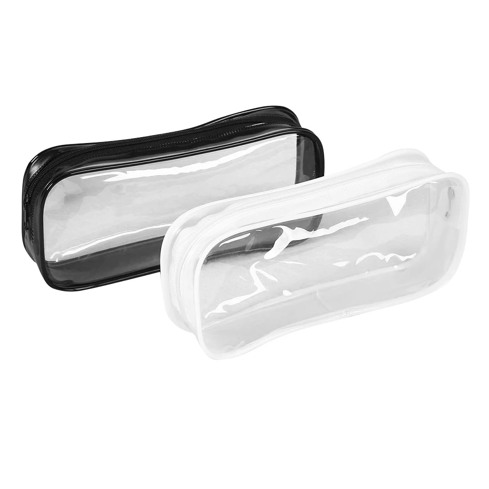 2 Pcs PVC Pencil Pouches Transparent Fashion Pencil Cases Student Stationery Storage Bags (White + Black)