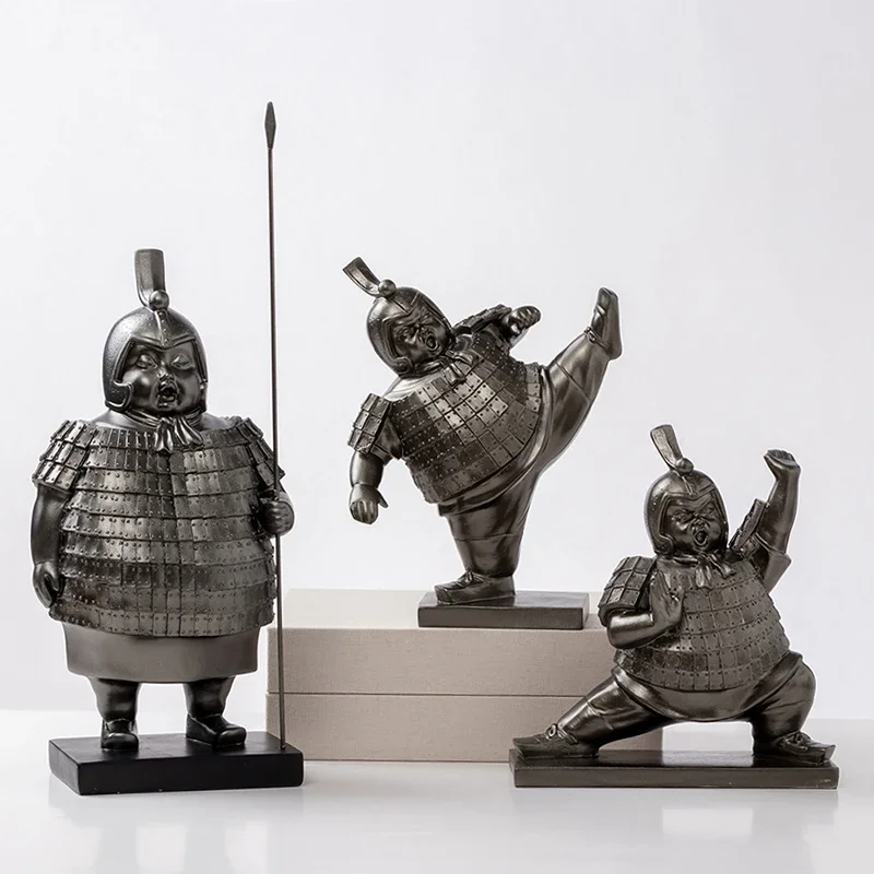 Chinese Style Fat Soldier Sculpture Retro Terracotta Abstract Figure Statue Figurine Book End Living Room Countertop Decoration