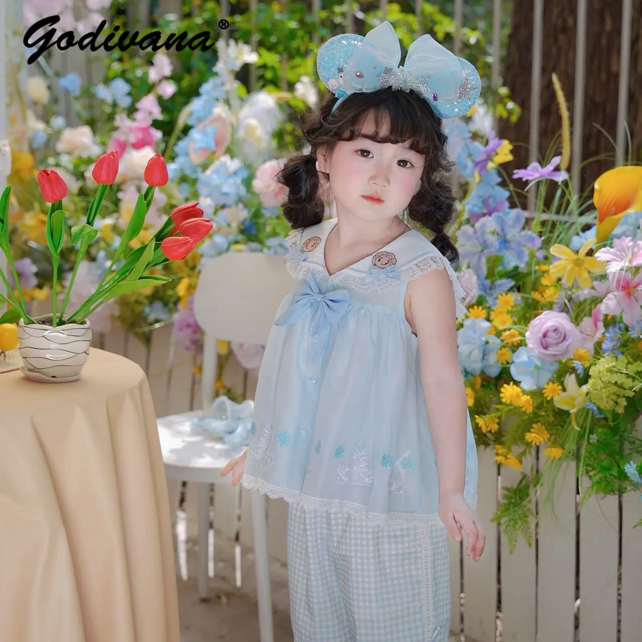 Original Sweet Baby Girls Cute Cartoon 2026 Summer New 2pcs Sets Kids Fashion Sleeveless Doll Collar Top and Blue Plaid Pants