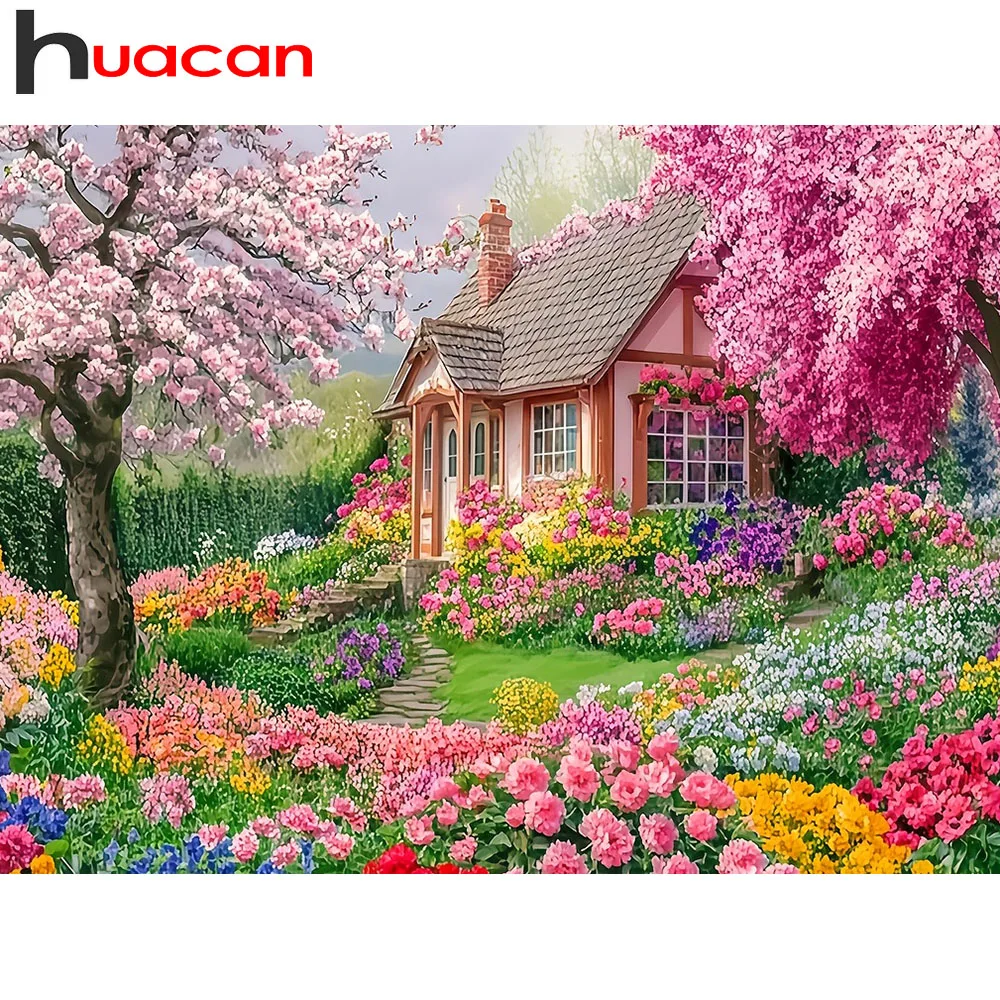 Huacan Full Square Round Drill Diamond Painting Spring Flower House Diamond Mosaic Landscape Complete Kit Decorative Paintings