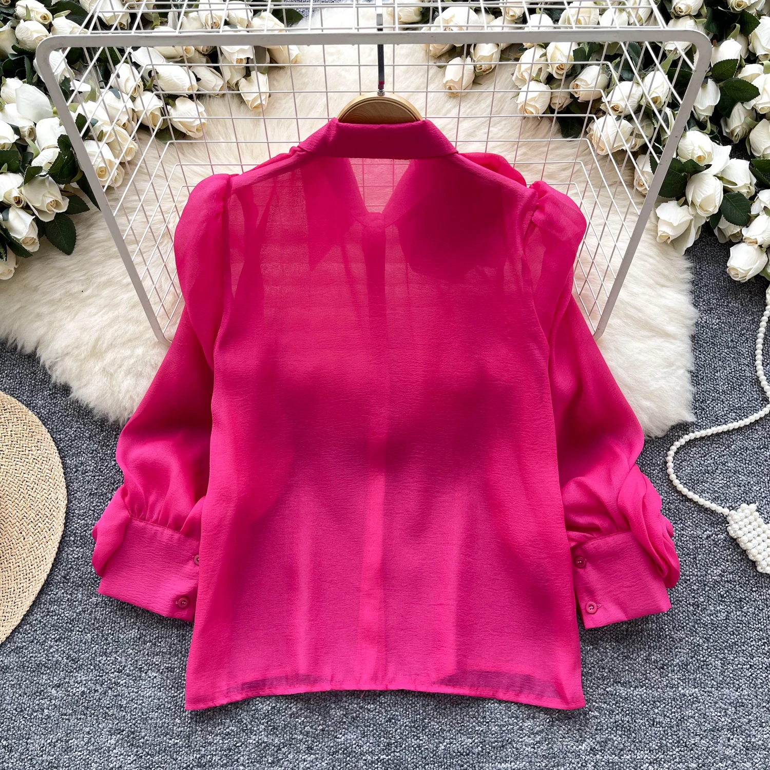 Chic Three-dimensional Floral Pleated Casual Long Lantern Sleeve Sexy  Basics Turn-down Collar High Street Vintage Autumn Blouse