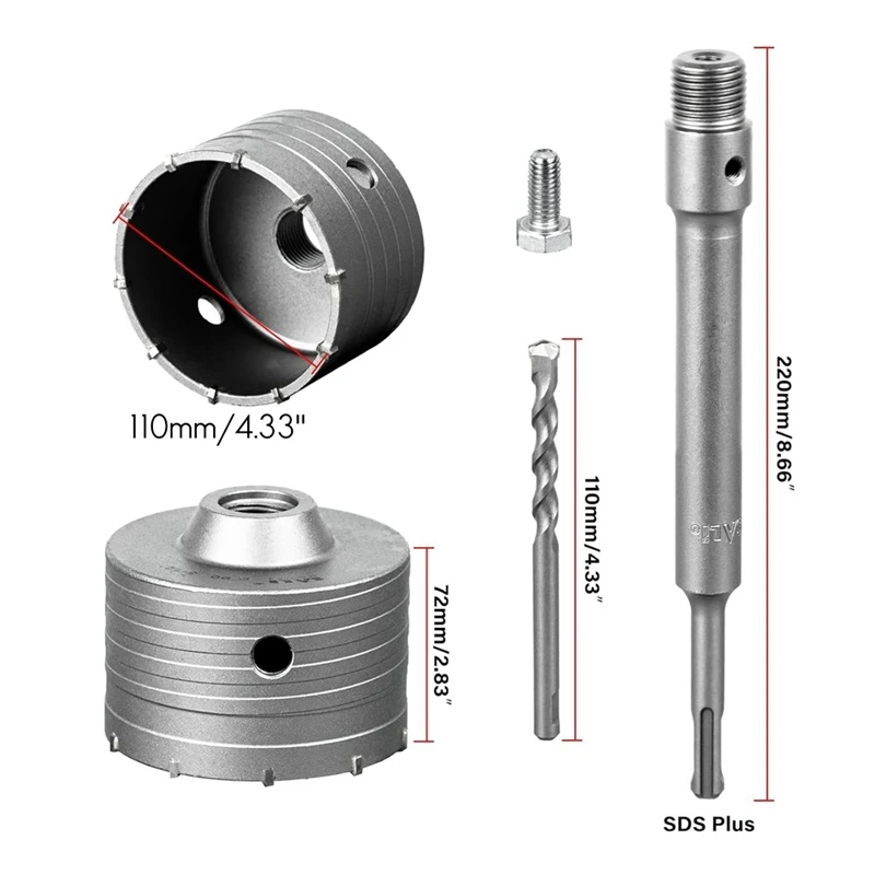 مجموعات منشار ثقب الخرسانة 4-5/16 بوصة (110 مم) مجموعات لقمة ثقب الجدار الصلب مع قضيب توصيل عرقوب 220 مم SDS Plus