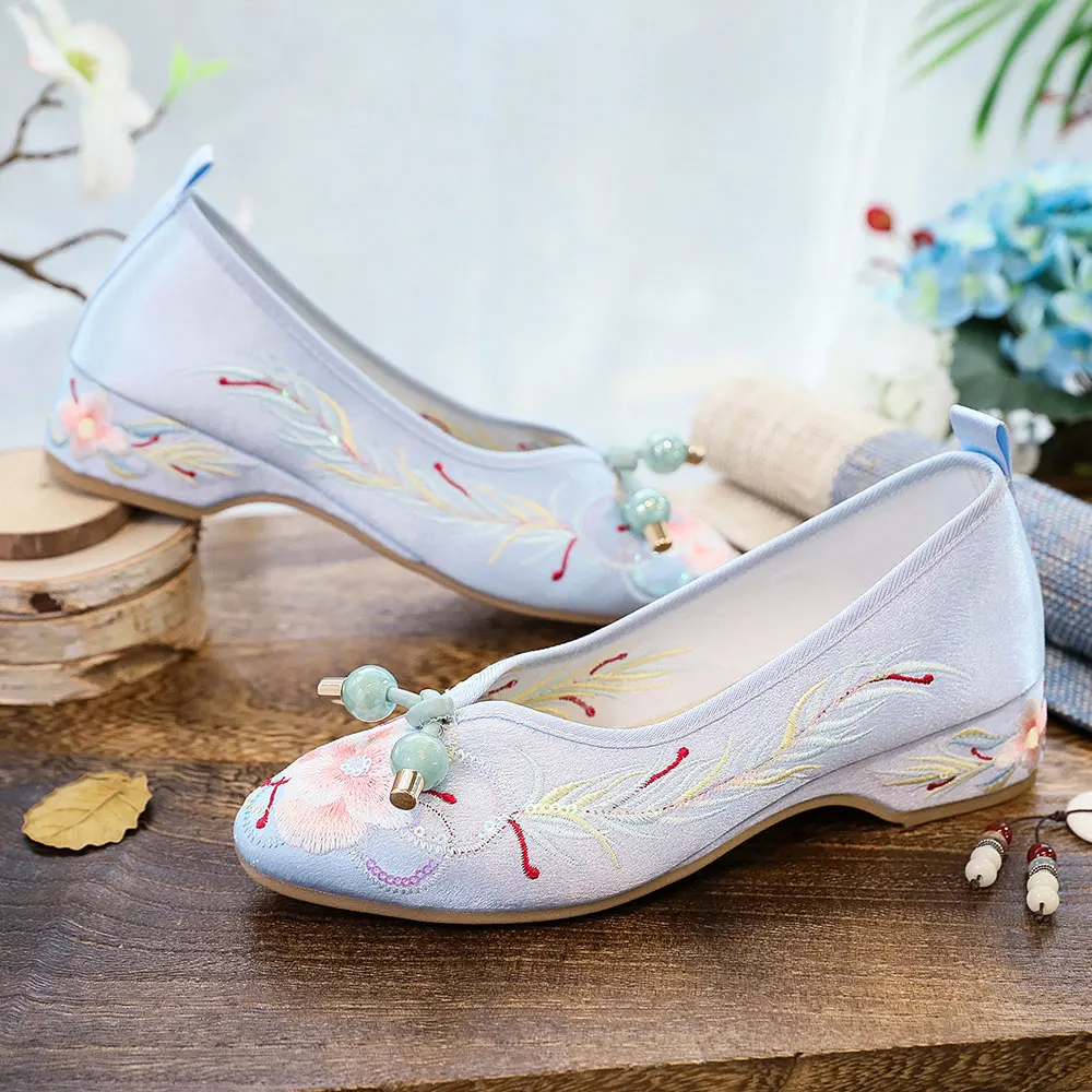 Veowalk Elegant Women Satin Cotton Embroidered Pointed Toe Slip On Flats Comfortable Chinese Wedding Shoes Blue Red White