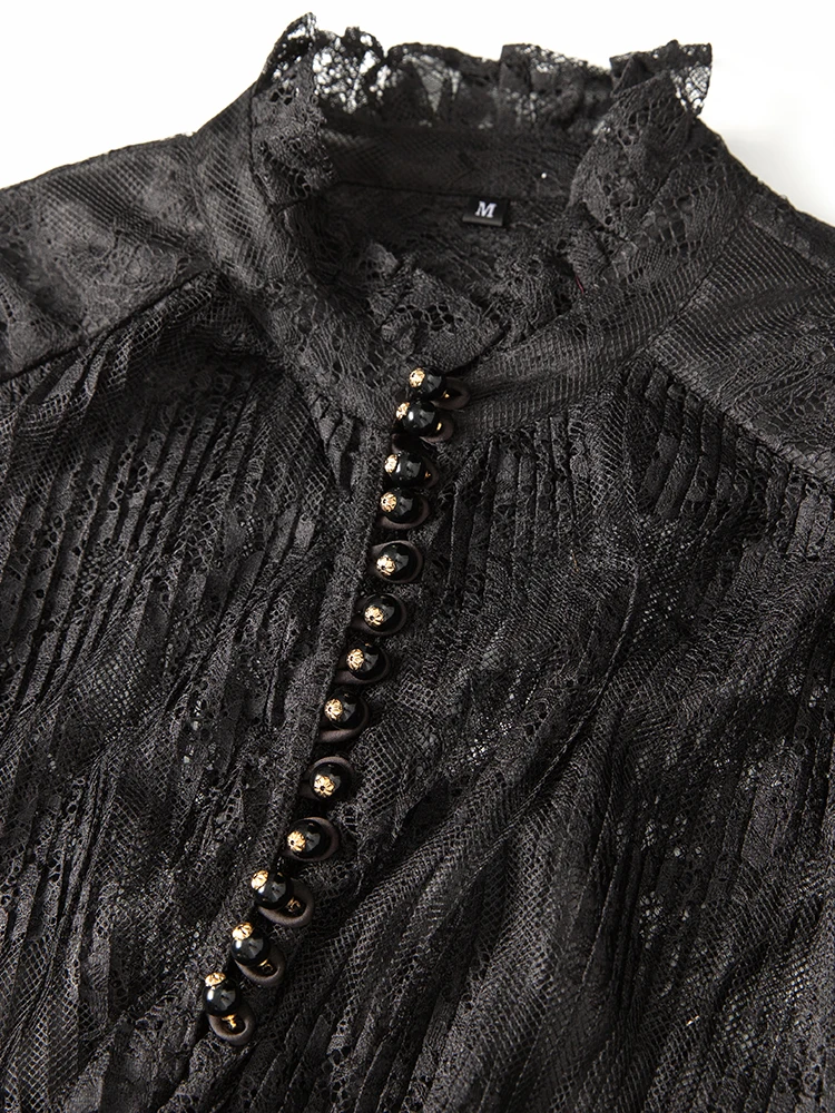 DSFACAIRI Vestido feminino de renda vintage, gola única, mangas largas, renda, babados, em camadas, moda outono