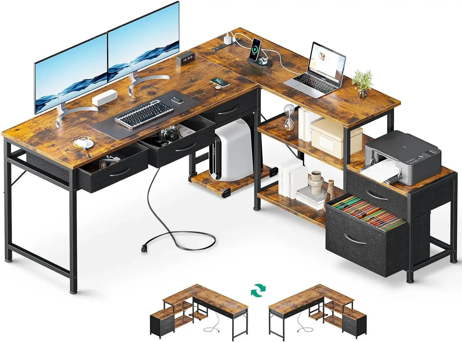 

L Shaped Computer Desk with Fabric Drawers and File Cabinet, 61" Reversible Home Office Workstation Desk with Power Outlets