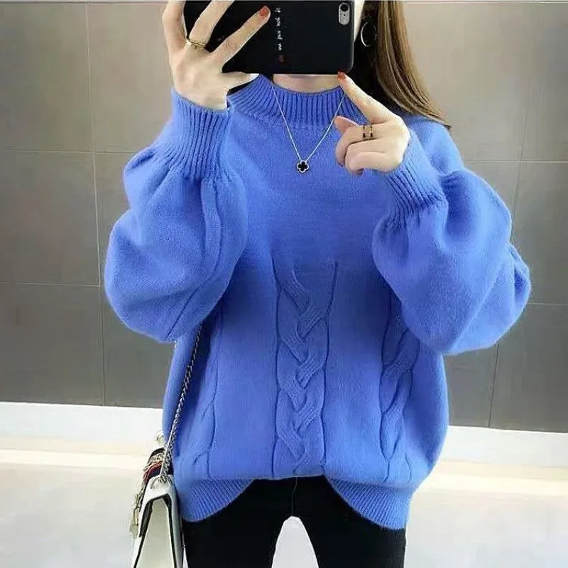 Women's Autumn Winter New Solid Color Semi High Neck 3D Korean Style Temperament Long Sleeved Loose Short Sweater Knitted Tops