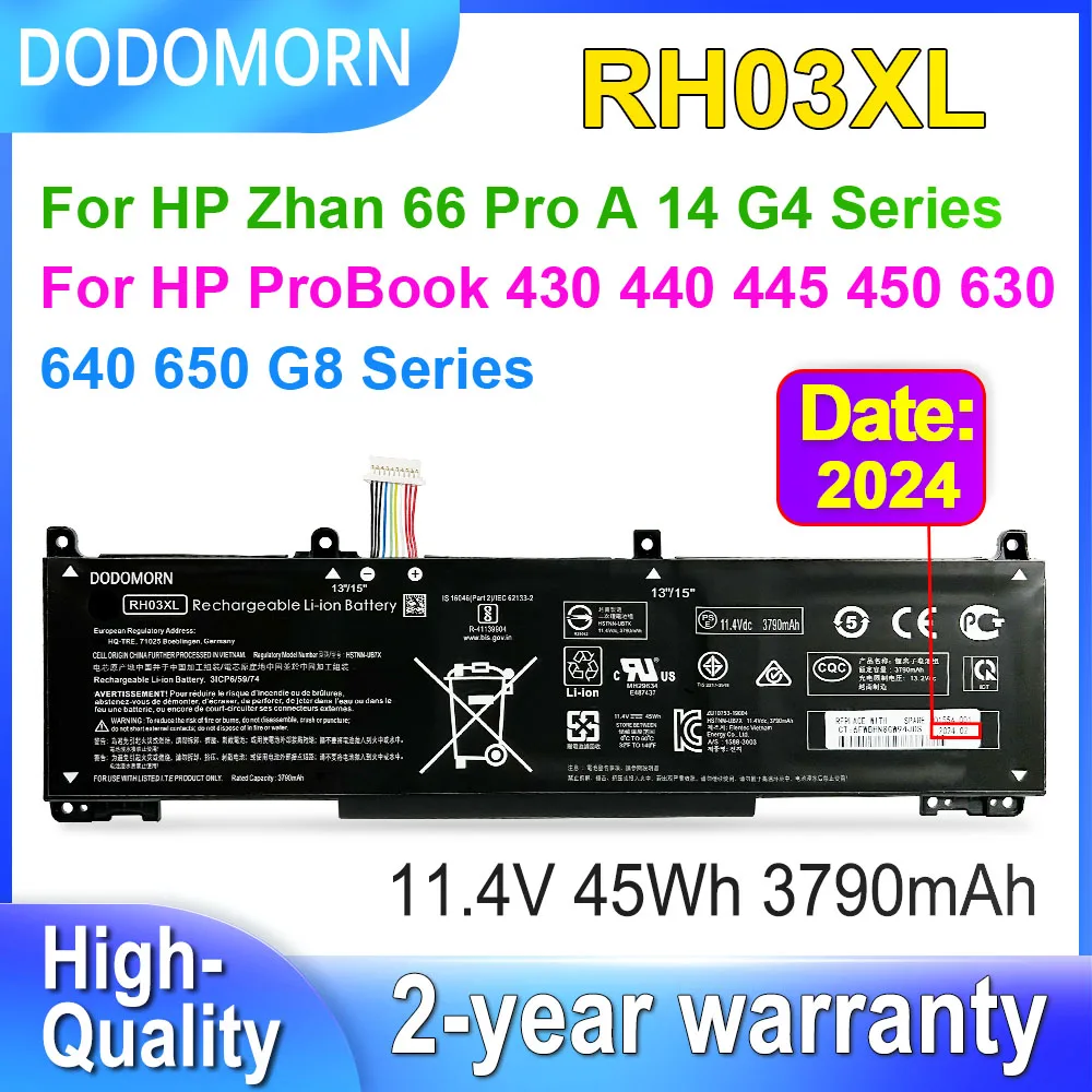 DODOMORN RH03XL Laptop Battery For HP ProBook 430 440 445 450 630 640 650 G8 for Zhan 66 Pro A 14 G4 Series 11.4V 45Wh 3790mAh