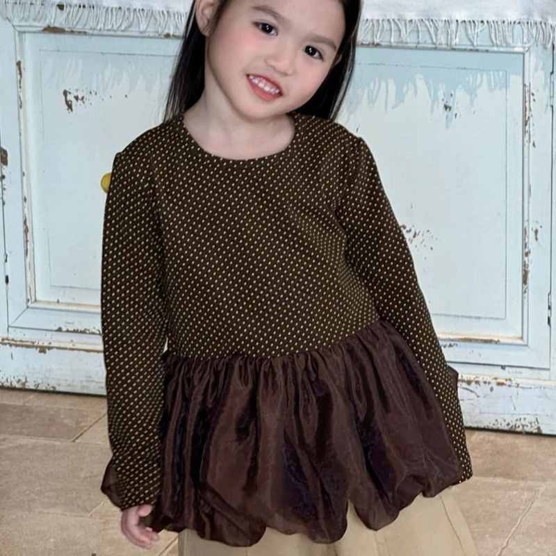 Girl 2026 coffee color full print polka dots on the back, yellow wings spliced with flower buds, hanging top