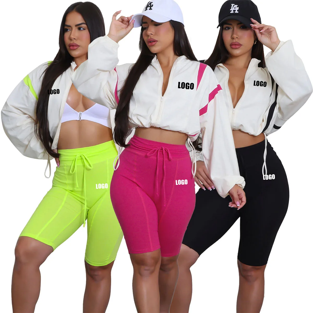 

Custom LOGO fashion women's contrasting colors drawstring waist zipper open button long-sleeved cardigan trousers two-piece set