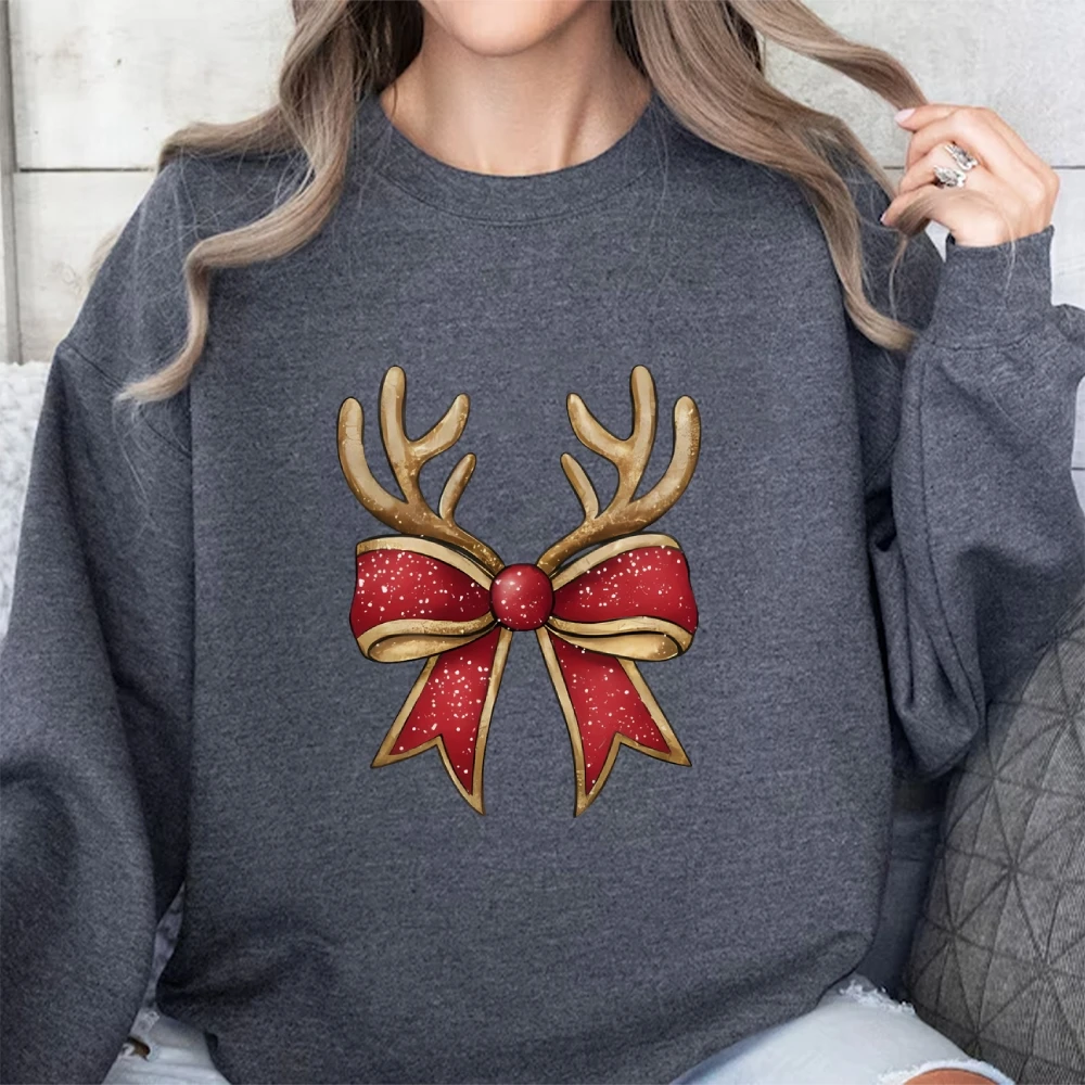 Christmas Bow Print Hoodie For Women Y2K Style Acid Washed Hoodie Unisex Fit Pullover Shirt Top Round Neck Cheap High Quality