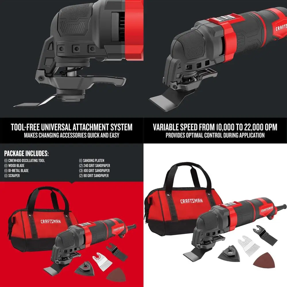 

Набор многофункциональных осциллирующих инструментов Craftsman из 14 предметов с наждачной бумагой и лезвиями, 3 А, сетевой (CMEW400)