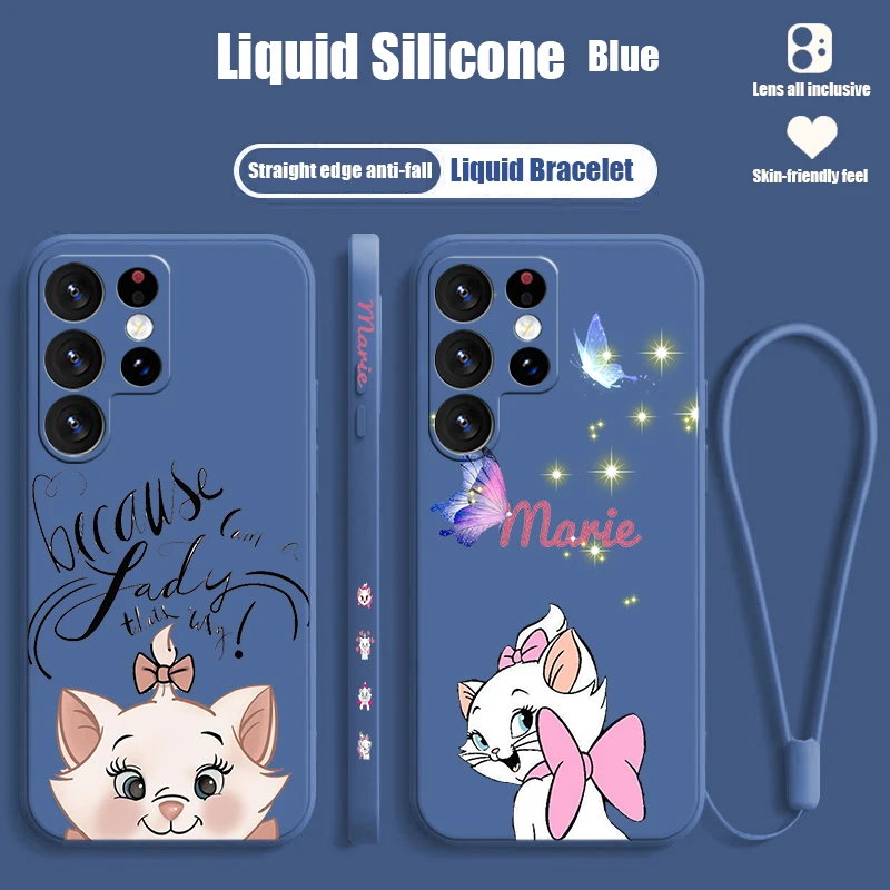 Disney Marie Cat For Samsung S24 S23 S22 S21 S20 Fe S10 Note 20 10 Ultra Lite Plus Liquid Left Rope Phone Case