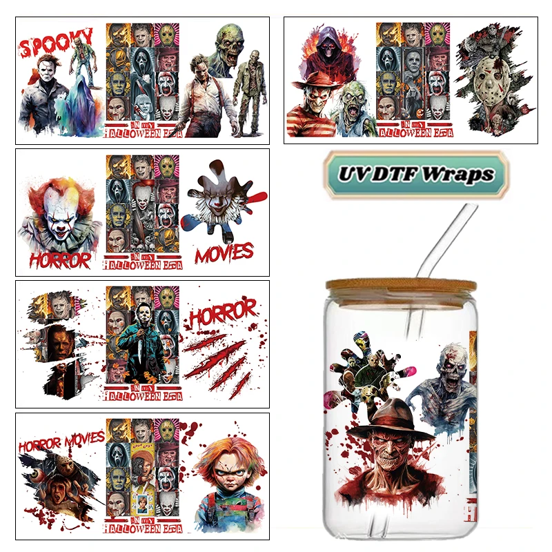Spooky Halloween Horror Movie Character Blood Splash UV DTF Wraps Vintage Collage Waterproof Decals for 16oz Libbey Glass Can Tu