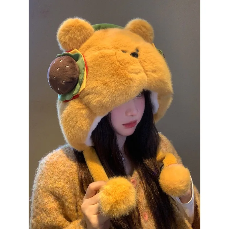 الخريف الشتاء تأثيري لطيف همبرغر الدب أفخم قبعة يندبروف بونيه الكرتون قبعة دافئة للنساء الفتيات كرنفال هدايا الحفلات