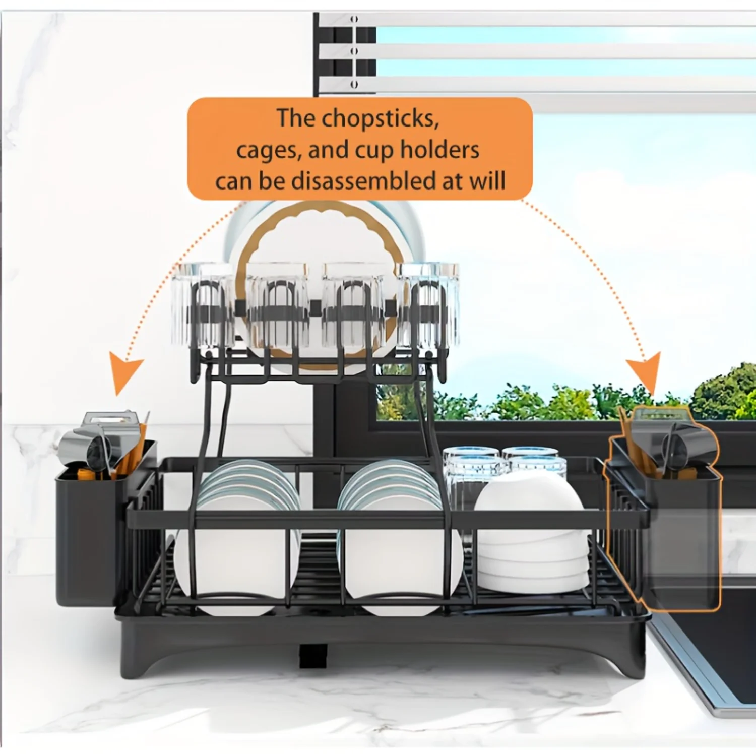 Stainless Steel Large Dish Drainer with 2 Tier Utensil Rack and Drain Board, Black Kitchen Accessories