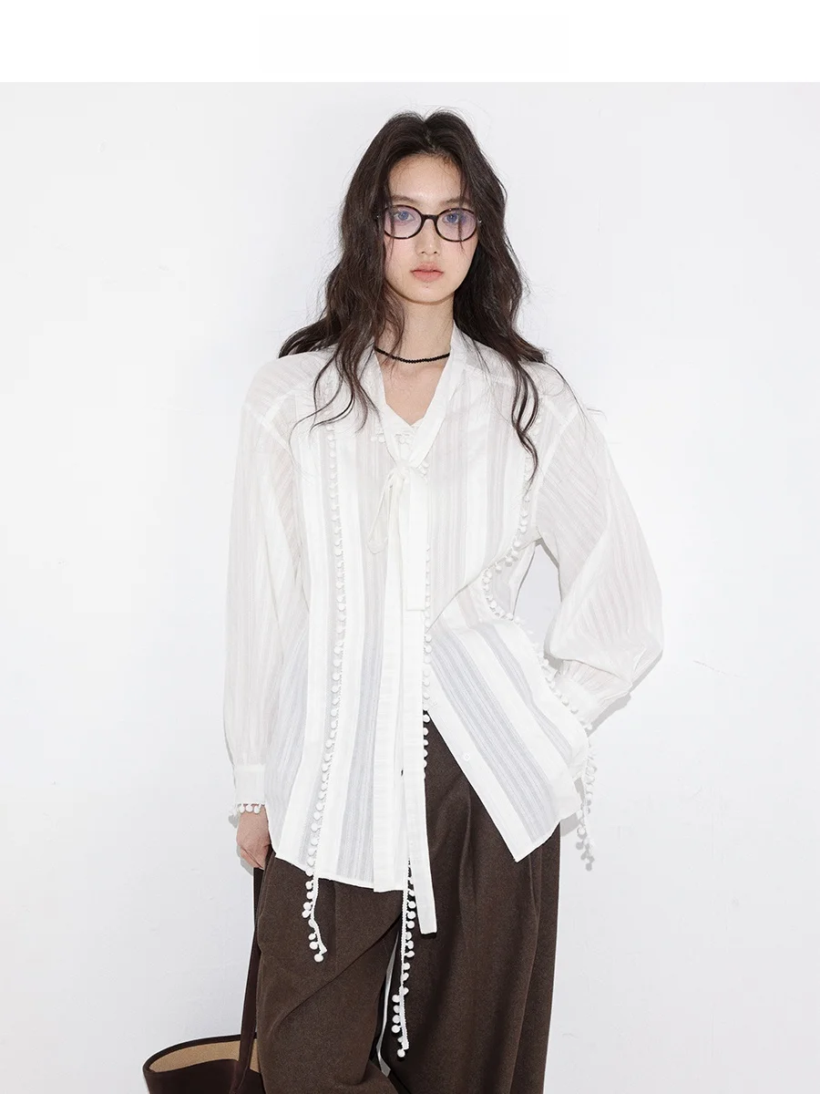 

Свободная хлопковая рубашка с завязками на воротнике для женщин, винтажный повседневный стиль, с длинными рукавами, воротником-стойкой, свободный крой, топ