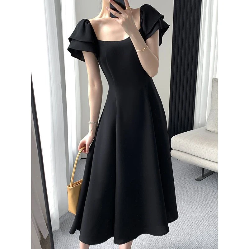 Summer New Preppy Style Black Waist A-line Dress Lady Short Sleeve Elegant Fashion Vestidos Women Temperament Dresses Robe Femme