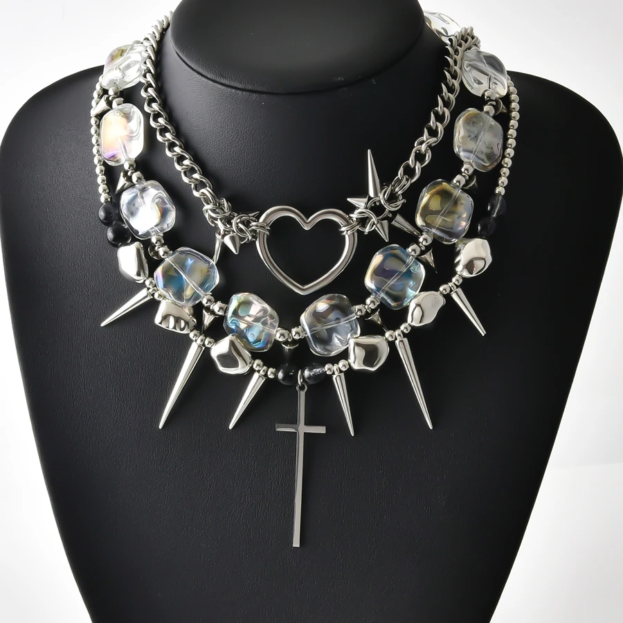 1 Stück Edelstahl Punk Rock Nietenbesetzte Grunge Anhänger Halsketten Coole Herren Gothic Harajuku Herz Egirl Choker Schmuck – Detail 2