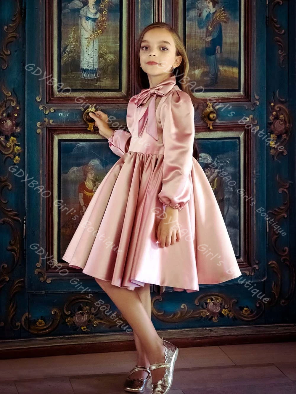فستان فتاة الزهور من الساتان الوردي للأطفال برقبة دائرية وأكمام طويلة بطول الركبة فستان الأميرة مع فيونكة مخصص لحفلات الزفاف #2