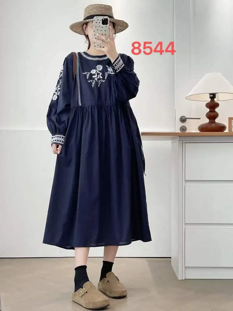 Japanse Vintage Mori Meisje Etnische Stijl Borduren Katoenen Jurk Vrouwen Herfst Stand Kraag Lange Mouw Casual Losse Midi Jurken