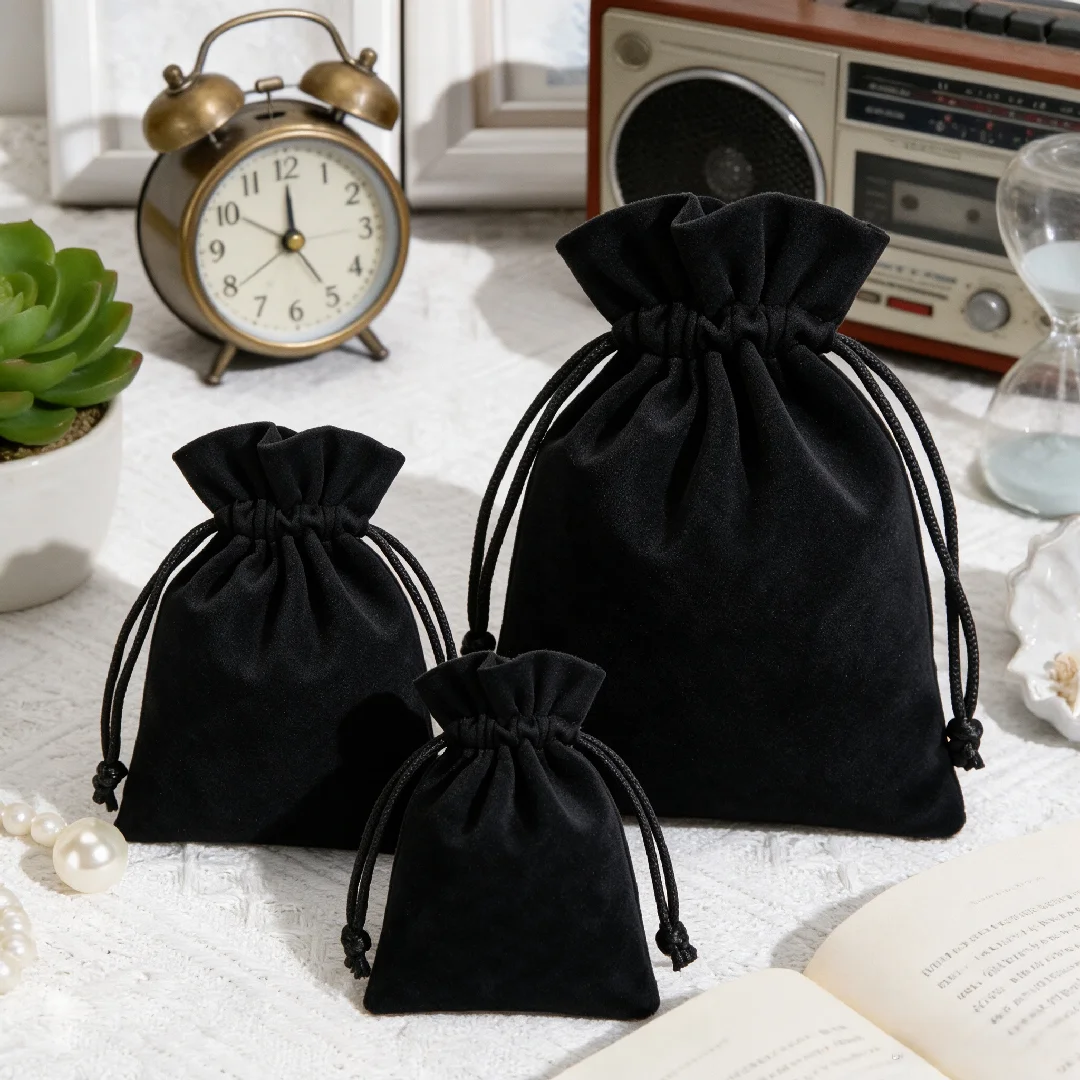 Velvet Jewelry Box - 10個入り ブラックベルベット製巾着袋 ソフトジュエリー収納ポーチ リング、イヤリング、ペンダント、チャーム、キーホルダー、ミニオーナメント用