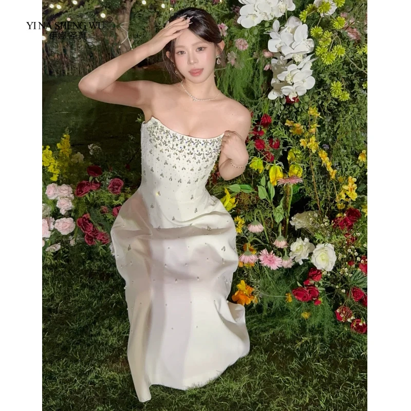 Advanced Luxury Handmade Nail Drill Heavy Industry Waist Cinching Strapless Dress, Wealthy Heiress Cold Style Long Dress