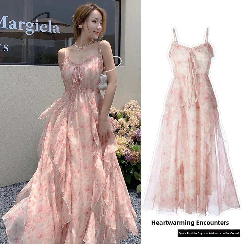 夏らしい花柄プリントのマキシ丈ワンピース、レディースプラスサイズ、Vネック、ハイウエスト、Aライン、ガウン、スベル・バル・エレ、丈夫な素材