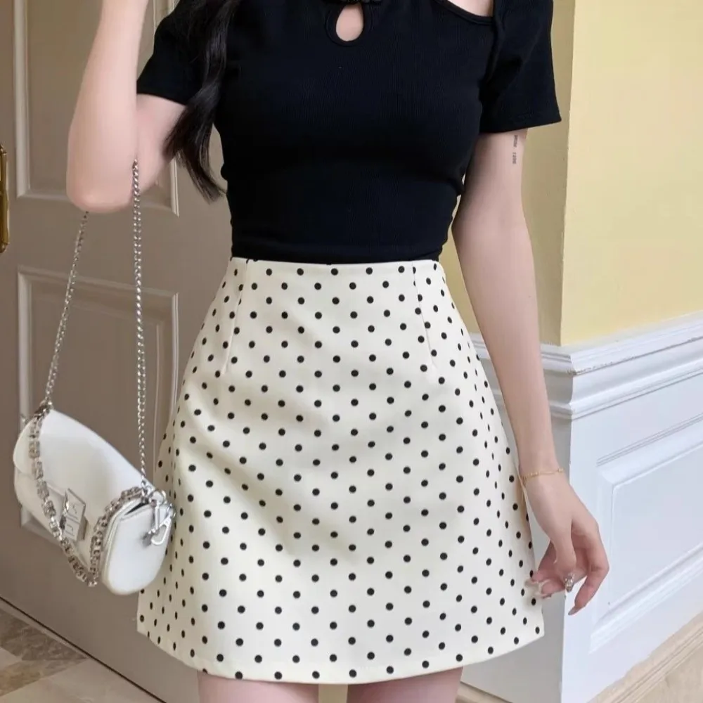 Bohemian Style XS/S/M/L/XL Half Body Skirt High Waist Black White A-Line Short Skirt Casual Polka Dot Hip Wrapped Skirt Summer